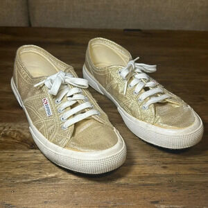Superga 2750 Stylish Gold Metallic Canvas Low Top Sneaker Shoe Women Size 8